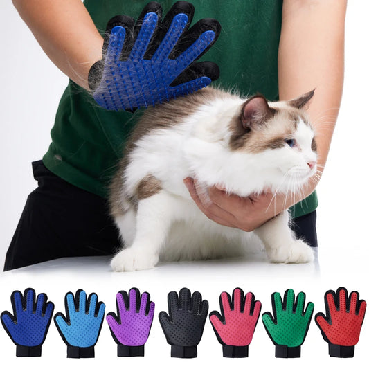 Pet Grooming Anti Shedding Gloves removing loose fur from a happy dog’s coat during a gentle grooming session.