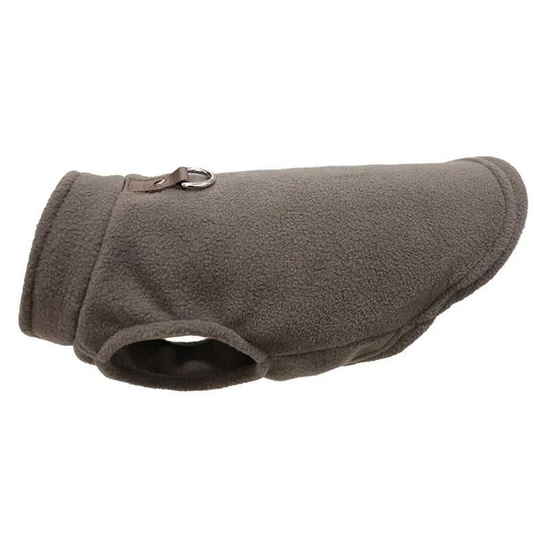 Detailed view of the built-in D-ring on the Fleece Dog Jacket Stylish & Warm for leash attachment