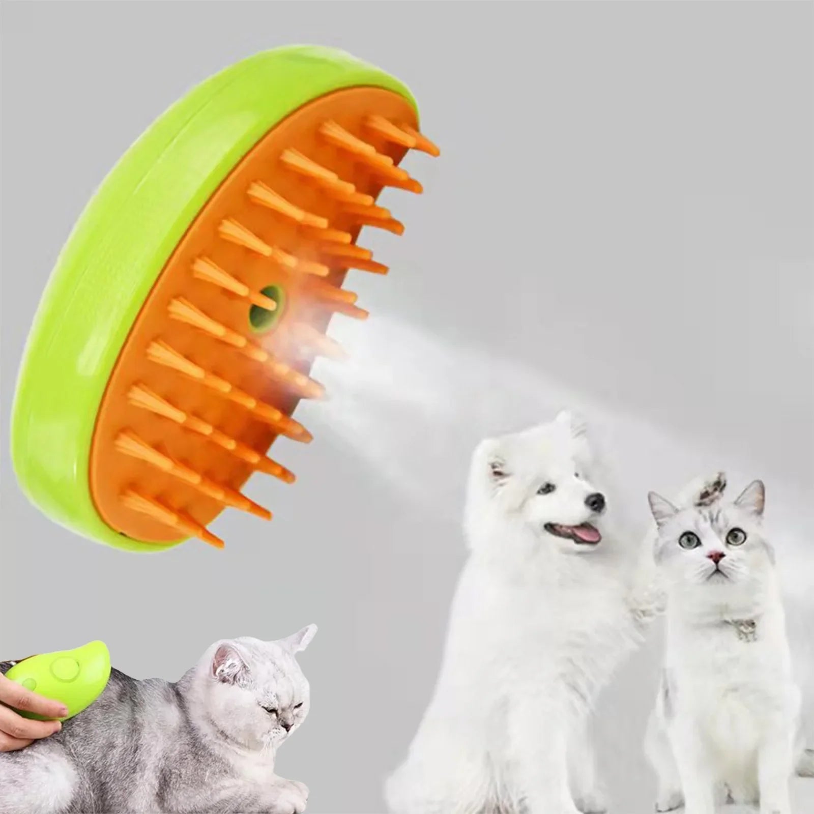 Electric Pet Steamer Brush removing loose fur and tangles from a dog's coat, showcasing its 3-in-1 grooming, massage, and de-shedding functionality